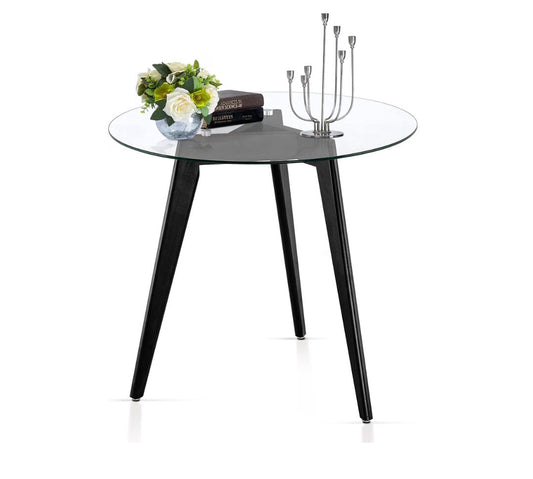 Round Glass Dining Table for 2-4 People, 31.5 Inch Modern Circle Kitchen Table with Wood Legs for Dining Room, Living Room or Restaurant, Space Saving (Black) (New in Box)