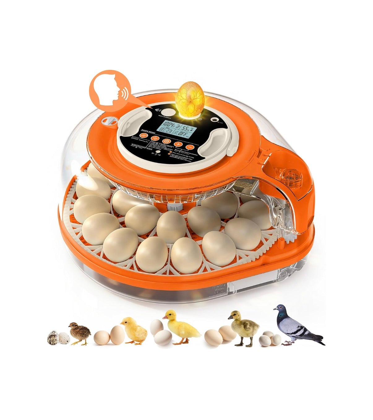 26 Incubators for Hatching Eggs Smart Voice Control Incubator with Auto Temp Humidity Automatic Egg Turning 360 Degrees View Built In Egg Candler and Chick Holding Area for Chickens, Ducks, Goose, and Quail Eggs (Orange/White) (New in Box)