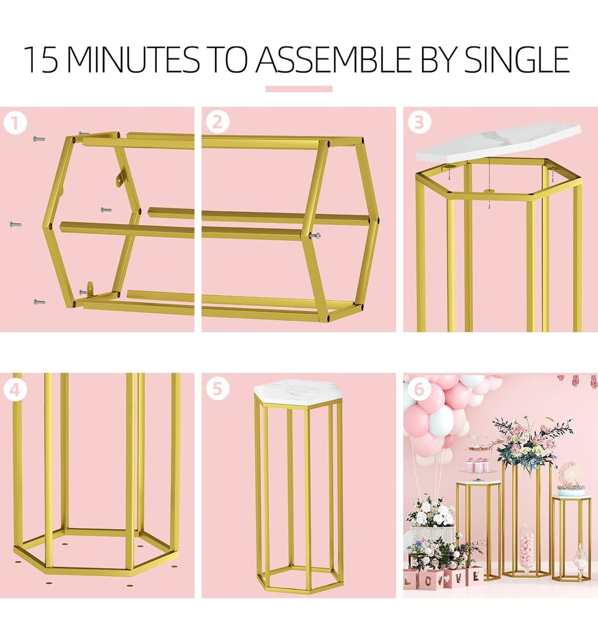 Urban Deco Cylinder Stand for Party, Set of 3 Gold Hexagon Pedestal Stands Metal Cylinder Pedestal Stand with Wooden Marble-Look Top, for Wedding, Party, Party (New in Box)