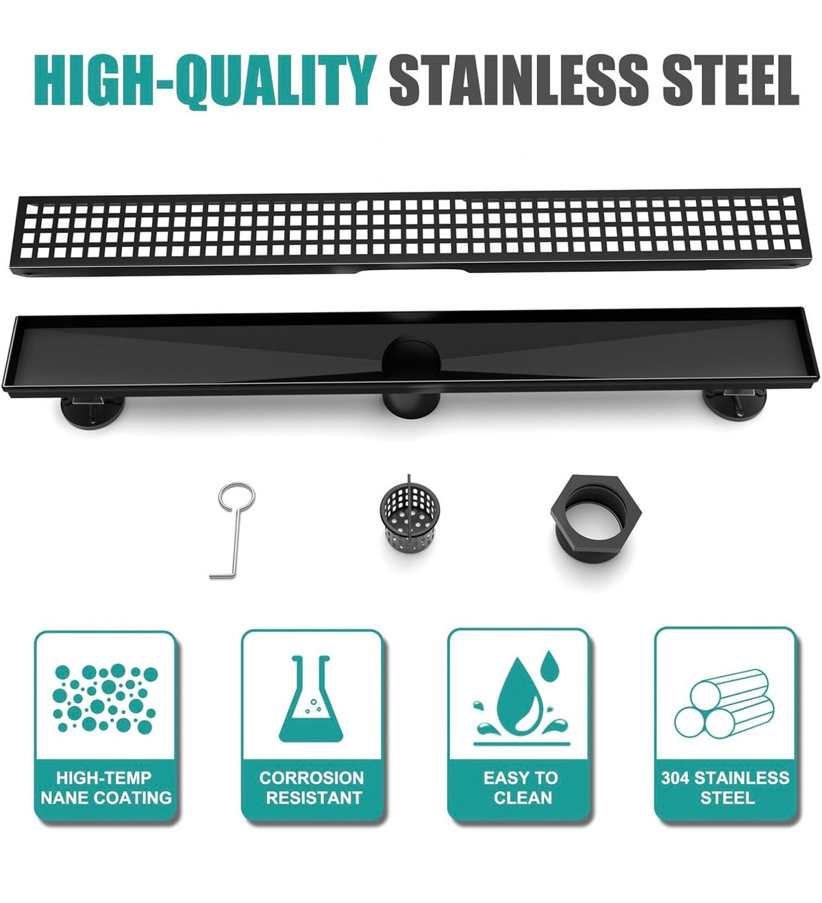 Baronage 24 Inch Linear Shower Drain, Square Grate, Matte Black V-Shaped Rapid Linear Drain, Rustproof, Hair Cather, 304 Stainless Steel Rectangle Shower Floor Drain for Bathroom (New in Box)