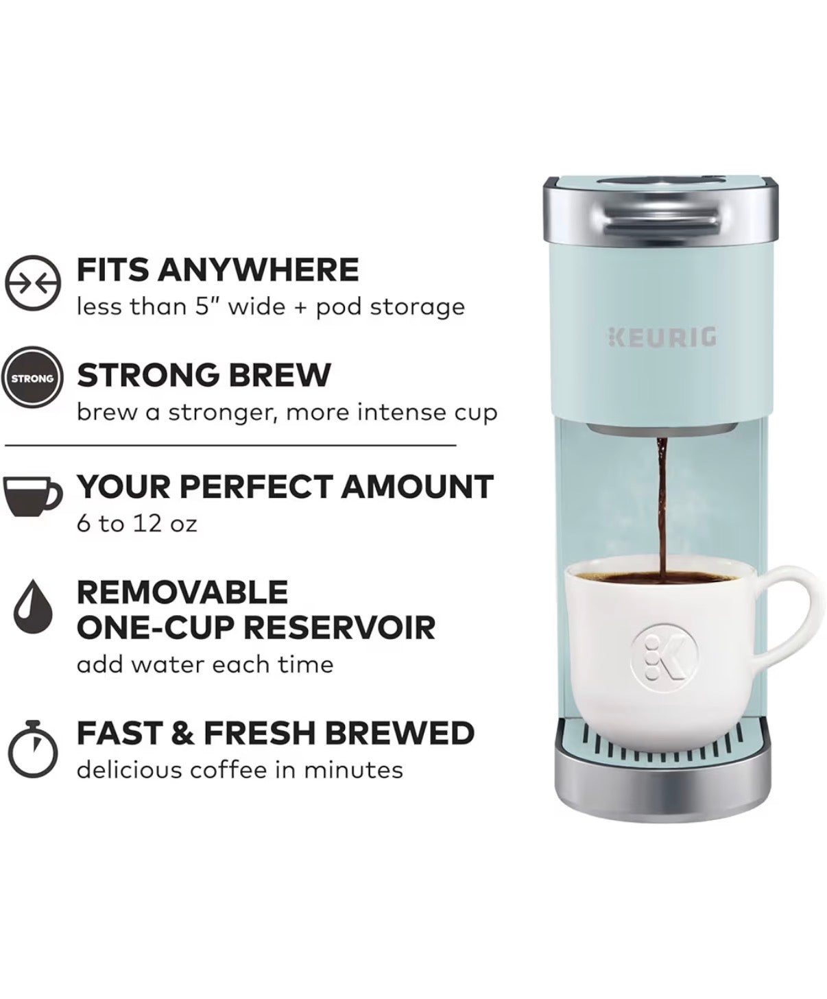 Keurig K-Mini Plus Single Serve K-Cup Pod Coffee Maker, with 6 to 12 oz Brew Size, Stores Up to 9 K-Cup Pods, Travel Mug Friendly (Misty Green) (New in Box)