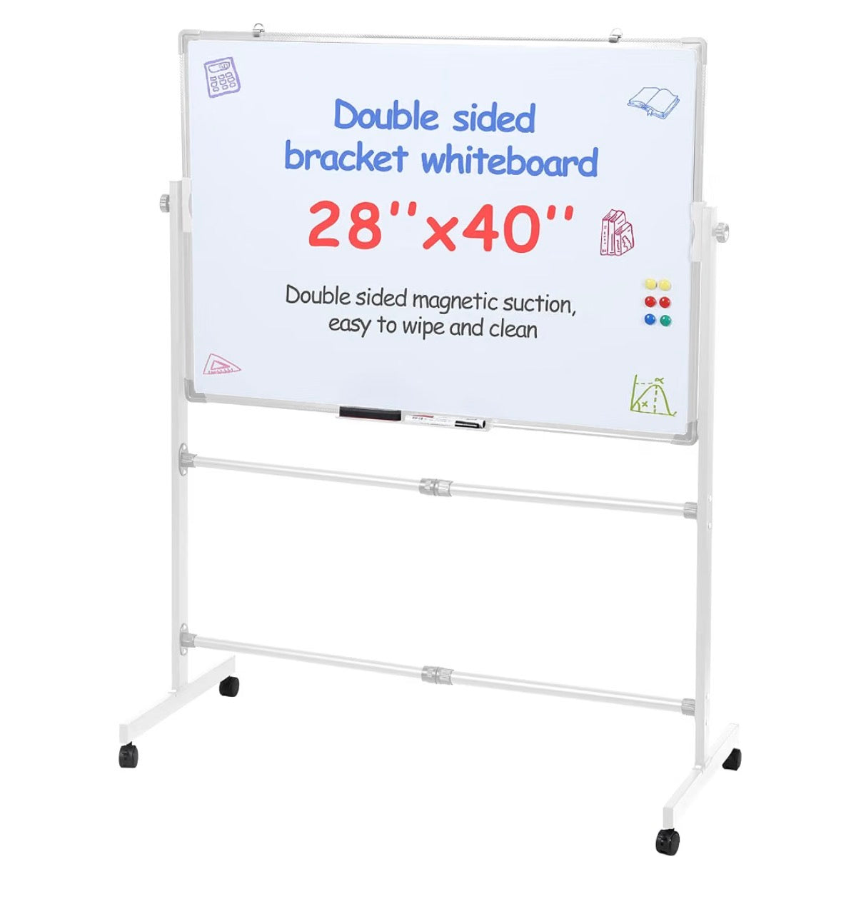 Rolling White Board 28 Inch X 40 Inch, Double Sided Magnetic Easel Whiteboard Height Adjustable 40 Inch - 75 Inch, Mobile Dry Erase Board with Stand, 4 Silent Wheels, 10 Markers, 2 Erasers, 12 Magnets for Office, Classroom (New in Box)