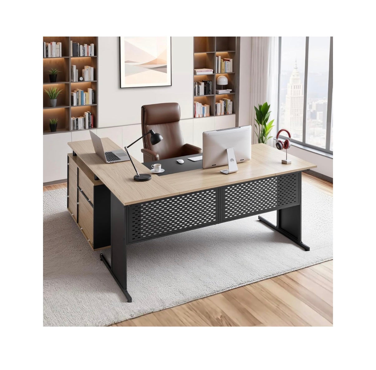 63 Inch L-Shaped Executive Desk, Large Office Desk with Drawers, File Storage Cabinet, Detachable 350lbs Load Capacity Corner Table, Easy Assembly, Business Furniture, Workstation for Home Office (Tan/Black) (New in Box)