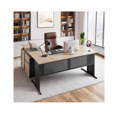63 Inch L-Shaped Executive Desk, Large Office Desk with Drawers, File Storage Cabinet, Detachable 350lbs Load Capacity Corner Table, Easy Assembly, Business Furniture, Workstation for Home Office (Tan/Black) (New in Box)