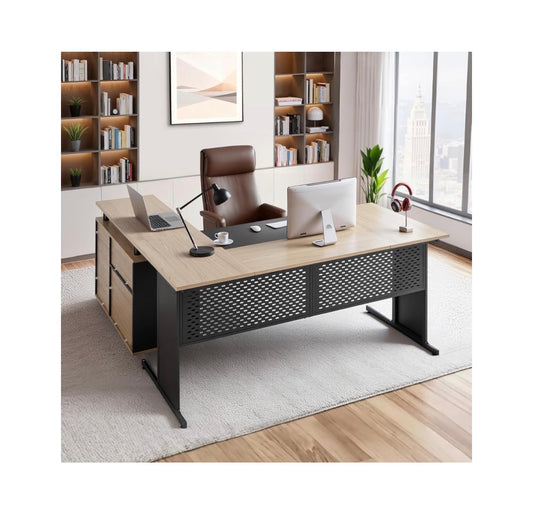 63 Inch L-Shaped Executive Desk, Large Office Desk with Drawers, File Storage Cabinet, Detachable 350lbs Load Capacity Corner Table, Easy Assembly, Business Furniture, Workstation for Home Office (Tan/Black) (New in Box)