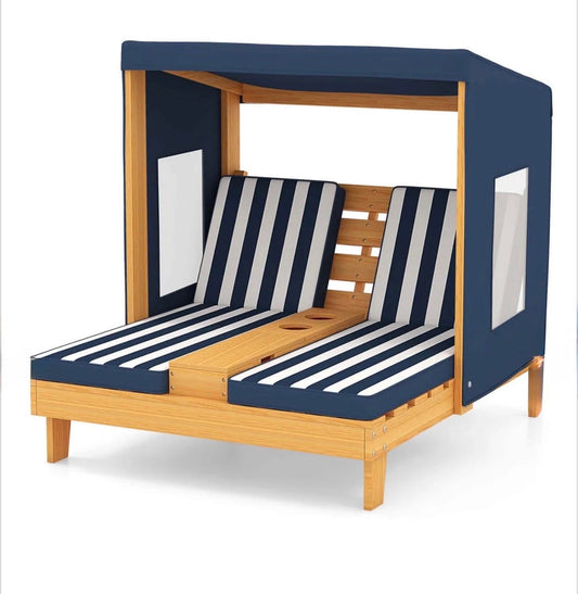 Outdoor Wood Double Seat Kids Lounge Chair w/ Canopy