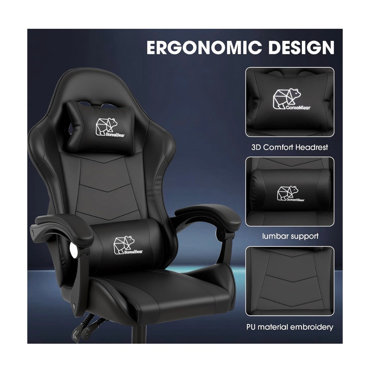 BorealBear Gaming Chair Office Chair, Reclining High Back PU Leather Computer Desk Chair with Headrest and Lumbar Support, Suitable for Gaming Chairs, Office Storage, and More (Black) (New in Box)