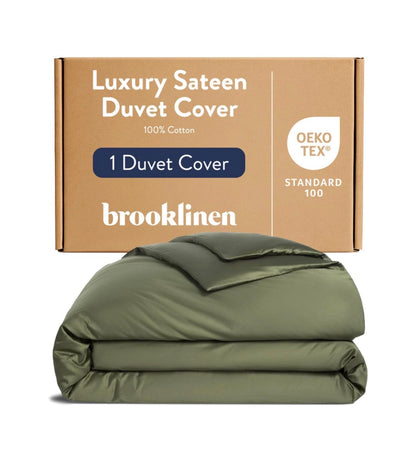 Brooklinen Luxury Sateen Duvet Cover 100 Percent Cotton. King/California King Size in Fresh Moss Green with Extra Long Corner Ties and Button Closure (New in Package)