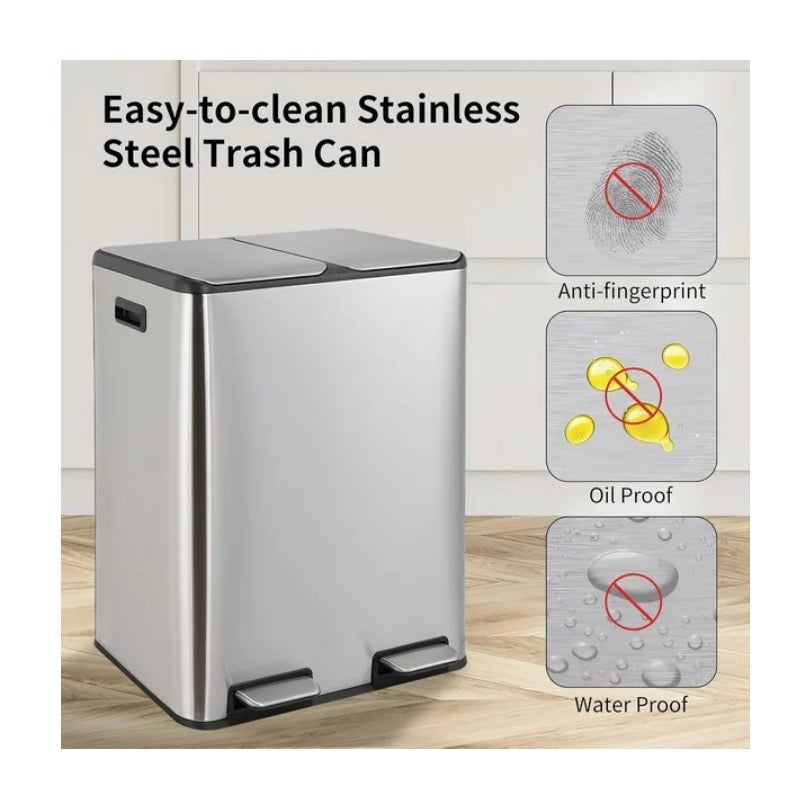 Lazy Buddy 16 Gal Dual Kitchen Trash Can, Rectangular Stainless Steel Recycling Garbage Can with 2 Built-in Odor Control Box (Silver) (New in Box)