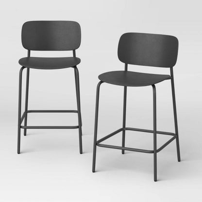 Set of 2-24 Inch Molded Plastic with Metal Base Counter Height Barstools with Footrest (Black) (New in Box; needs to be assembled)