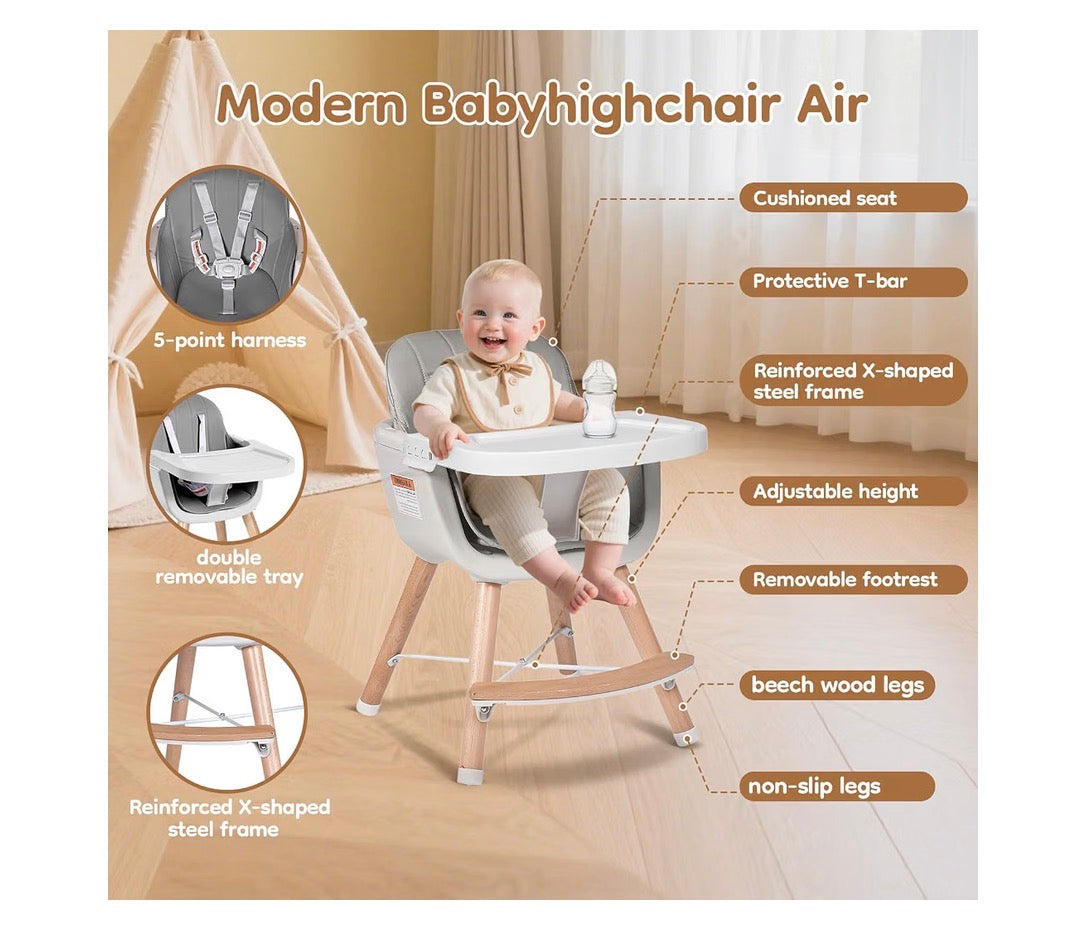 High Chair for Babies and Toddlers, 3-in-1 Convertible Wooden Highchair, Baby High Chair with Adjustable Legs, 5 Point Harness, Footrest, Dishwasher-Safe Tray & PU Leather Cushion (Gray) (New in Box)