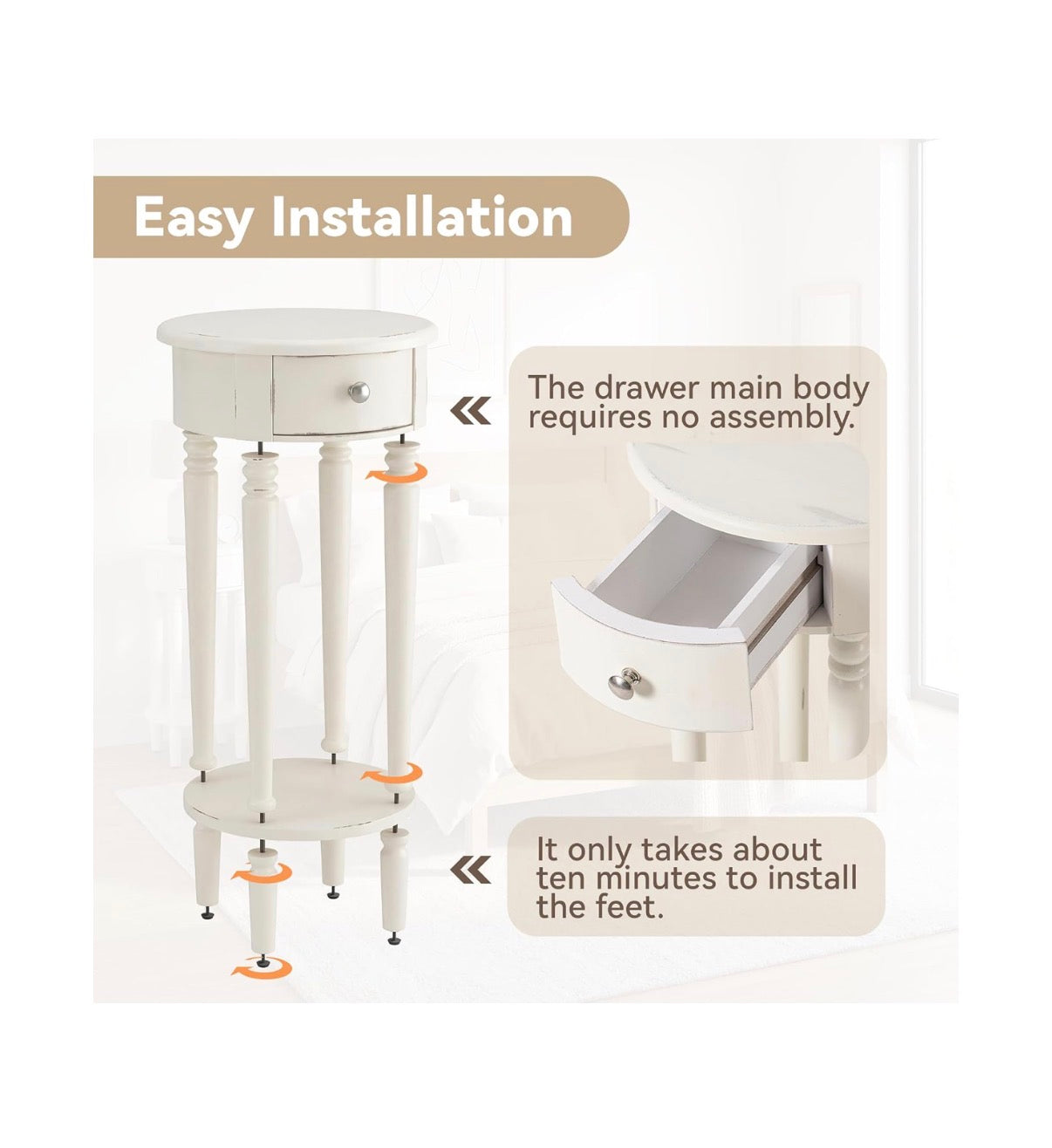 COSIEST Tall Nightstand with Drawer, Tall Side Table, 2 Tier Round End Table for Living Room, 28 Inch Accent Table for Corners (White) (New in Box)