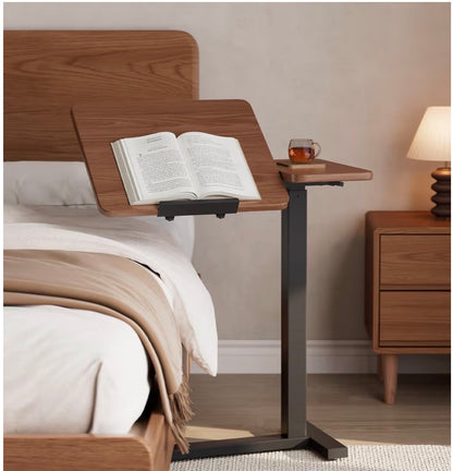 Solid Wood Overbed Bedside Table with Wheels, Tilting Adjustable Hospital Bed Table Over the Bed, Medical Mobile Laptop Stand, Rolling Standing Desk for Hospital and Home Use (Walnut Color)