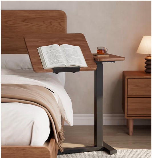 Solid Wood Overbed Bedside Table with Wheels, Tilting Adjustable Hospital Bed Table Over the Bed, Medical Mobile Laptop Stand, Rolling Standing Desk for Hospital and Home Use (Walnut Color)