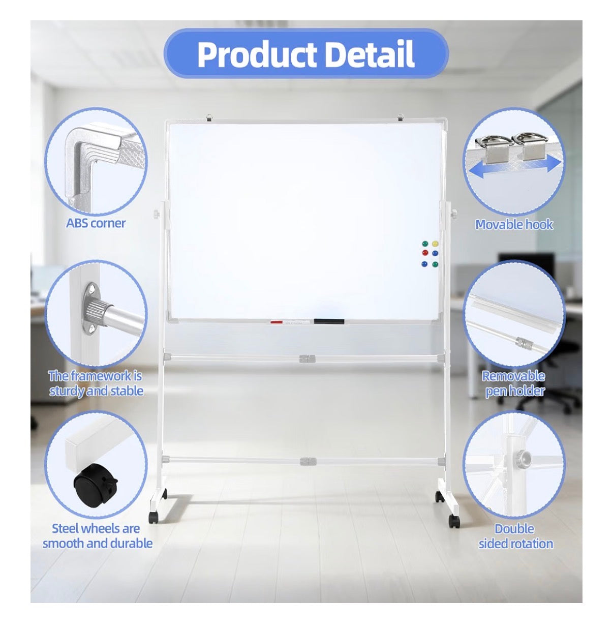 Rolling White Board 28 Inch X 40 Inch, Double Sided Magnetic Easel Whiteboard Height Adjustable 40 Inch - 75 Inch, Mobile Dry Erase Board with Stand, 4 Silent Wheels, 10 Markers, 2 Erasers, 12 Magnets for Office, Classroom (New in Box)