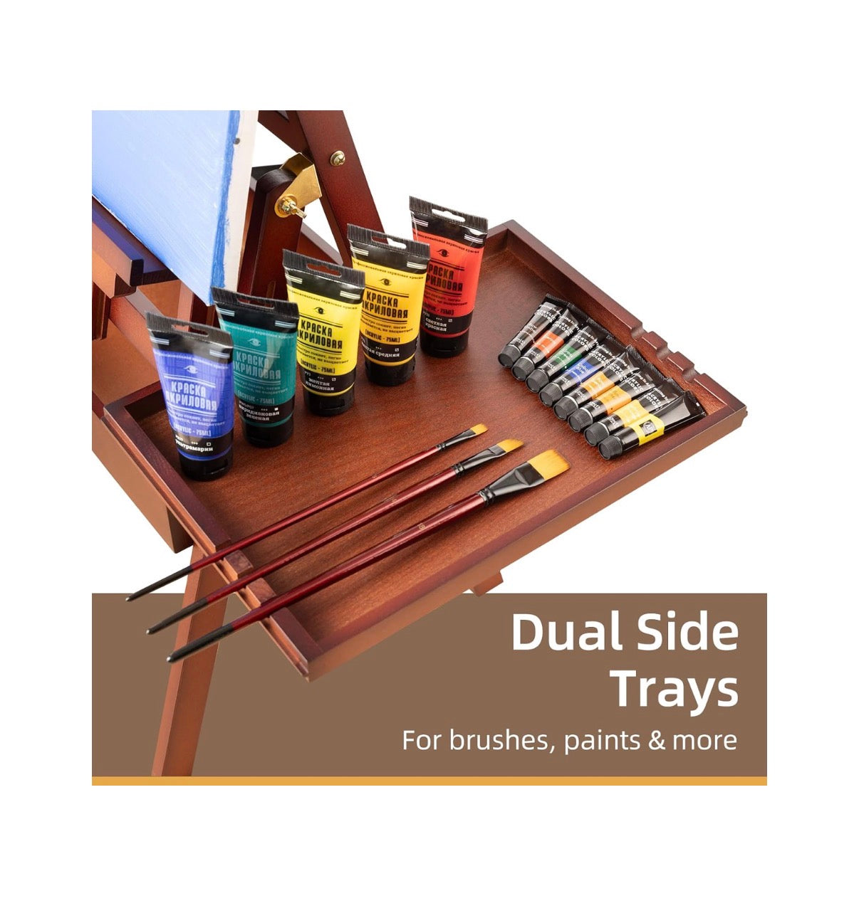 Horizontal Beechwood Studio Easel with Drawer and Palettes H-Frame Solid Wooden Painting Easel for Students, Beginners, and Artists, Hold Canvas up to 50 Inches High (Walnut) (New in Box)