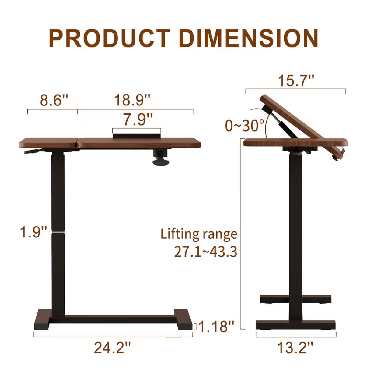 Solid Wood Overbed Bedside Table with Wheels, Tilting Adjustable Hospital Bed Table Over the Bed, Medical Mobile Laptop Stand, Rolling Standing Desk for Hospital and Home Use (Walnut Color)