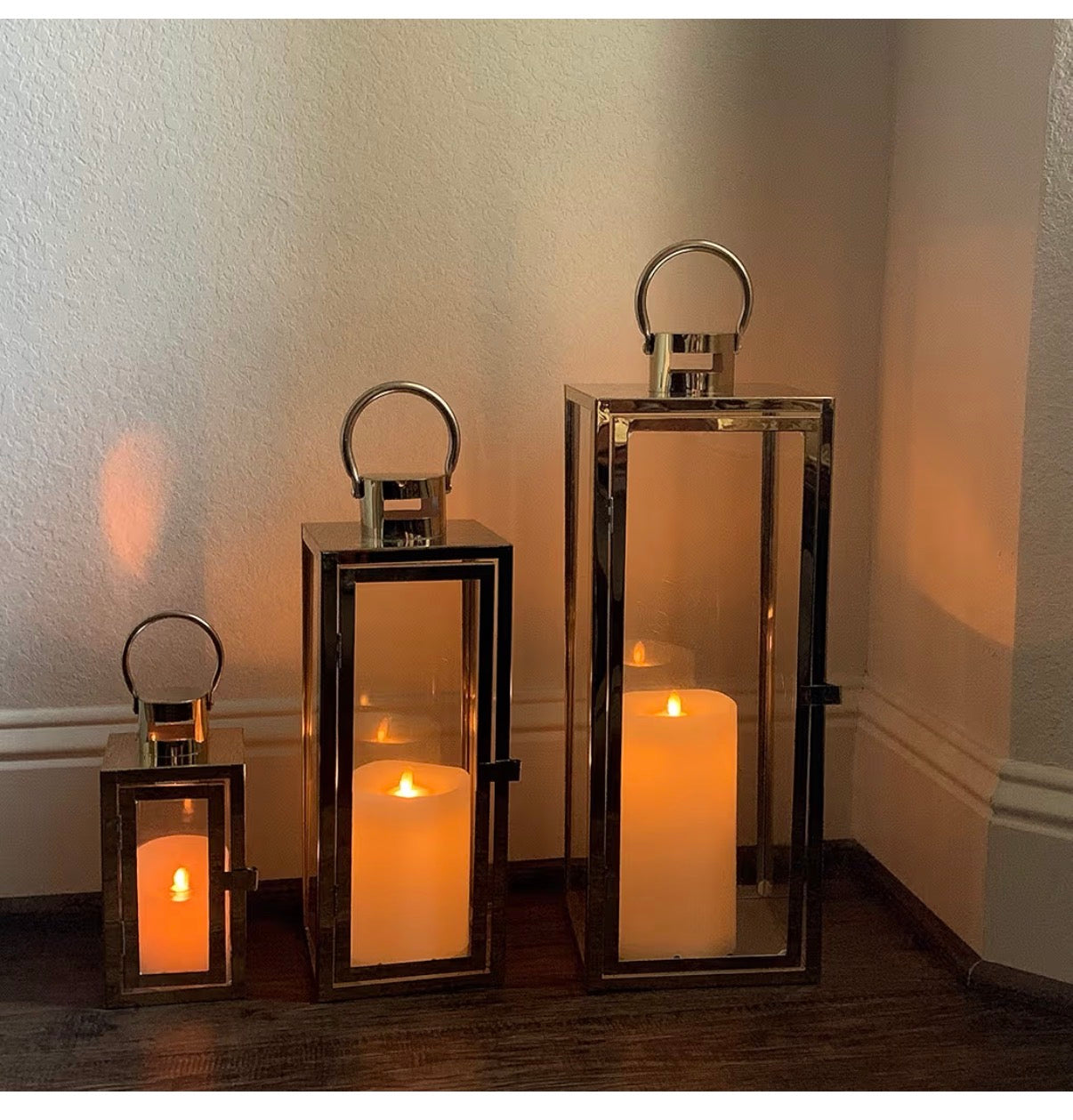 Allgala 3 Piece Lantern Set 23 Inch Jumbo Deluxe Modern Indoor/Outdoor Candle Lantern Set Stainless Steel Frame Tempered Glass Rectangular Gold Color for Garden Poolside, Fireplace, Wedding (New in Box)