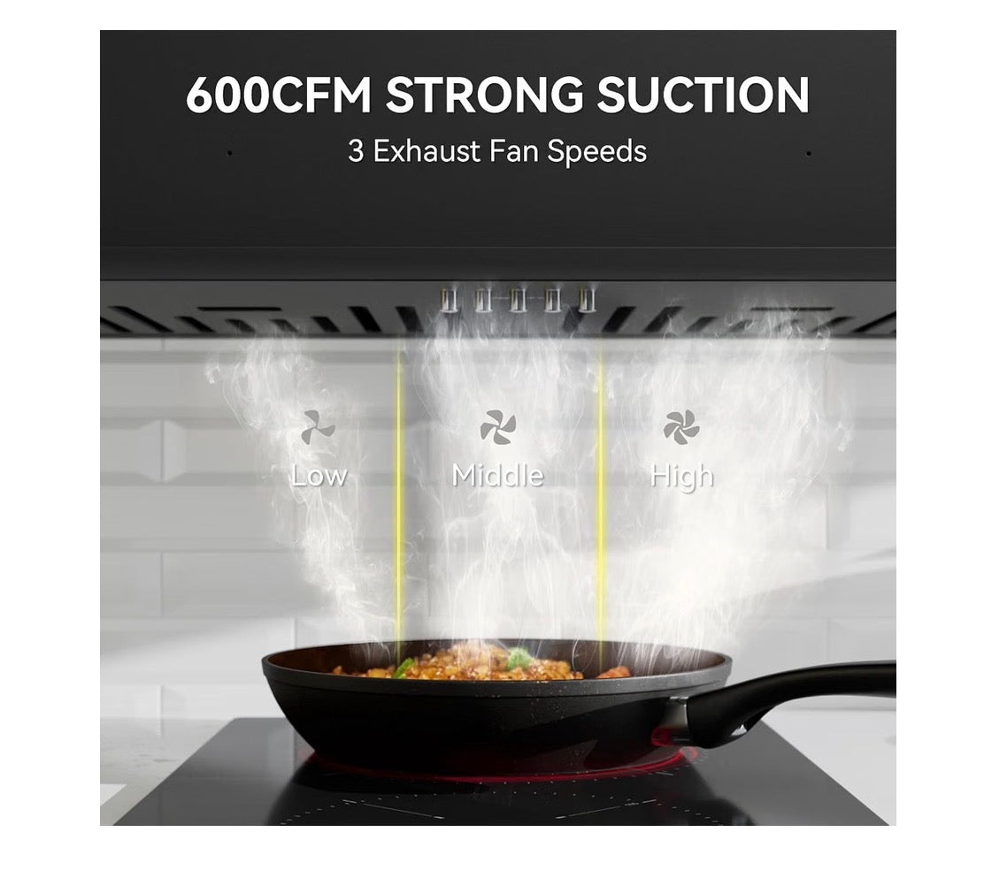 30 Inch Built in Range Hood Convertible with 600 CRM Suction (Black) (New in Box)