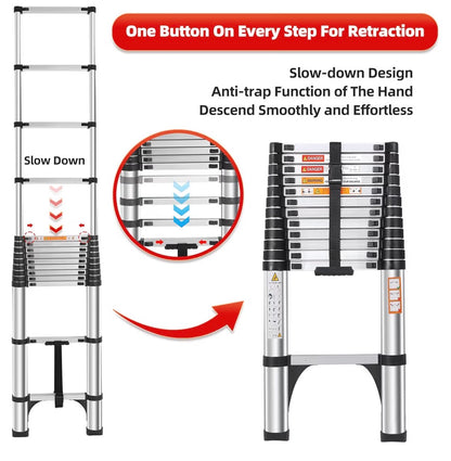 16.5 ft Telescoping Ladder, Lightweight Extension Ladder with 2 Triangle Stabilizers & 2 Hooks, Dual Locking Mechanism Design Collapsible Telescopic Ladder for Home, Outdoor, RVs (New in Box)