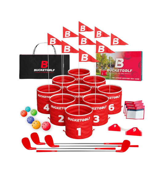 Bucket Golf 9 Hole Bundle with Clubs, Outdoor Golf Game for All Ages Play Anywhere Yards, Beach, Park, & Backyard, Fun for Adults, Kids, & Family (New in Box)