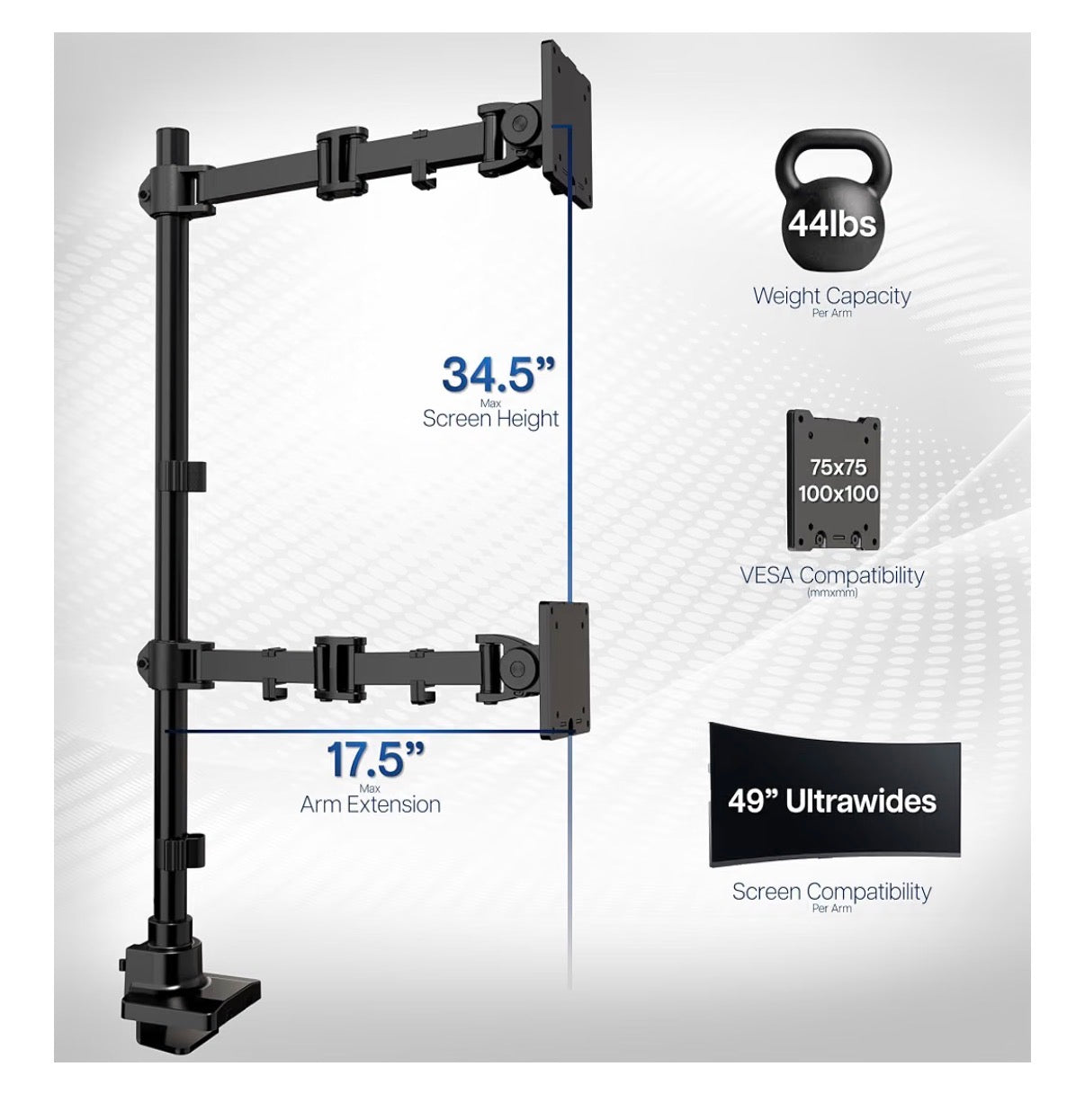 VIVO Dual Ultra Wide Monitor Extra Tall Desk Mount for up to 49 Inch Ultra, Clamp-On Adjustable Stand Holds 44lbs per Screen, VESA up to 100x100mm (Black) (New in Box)