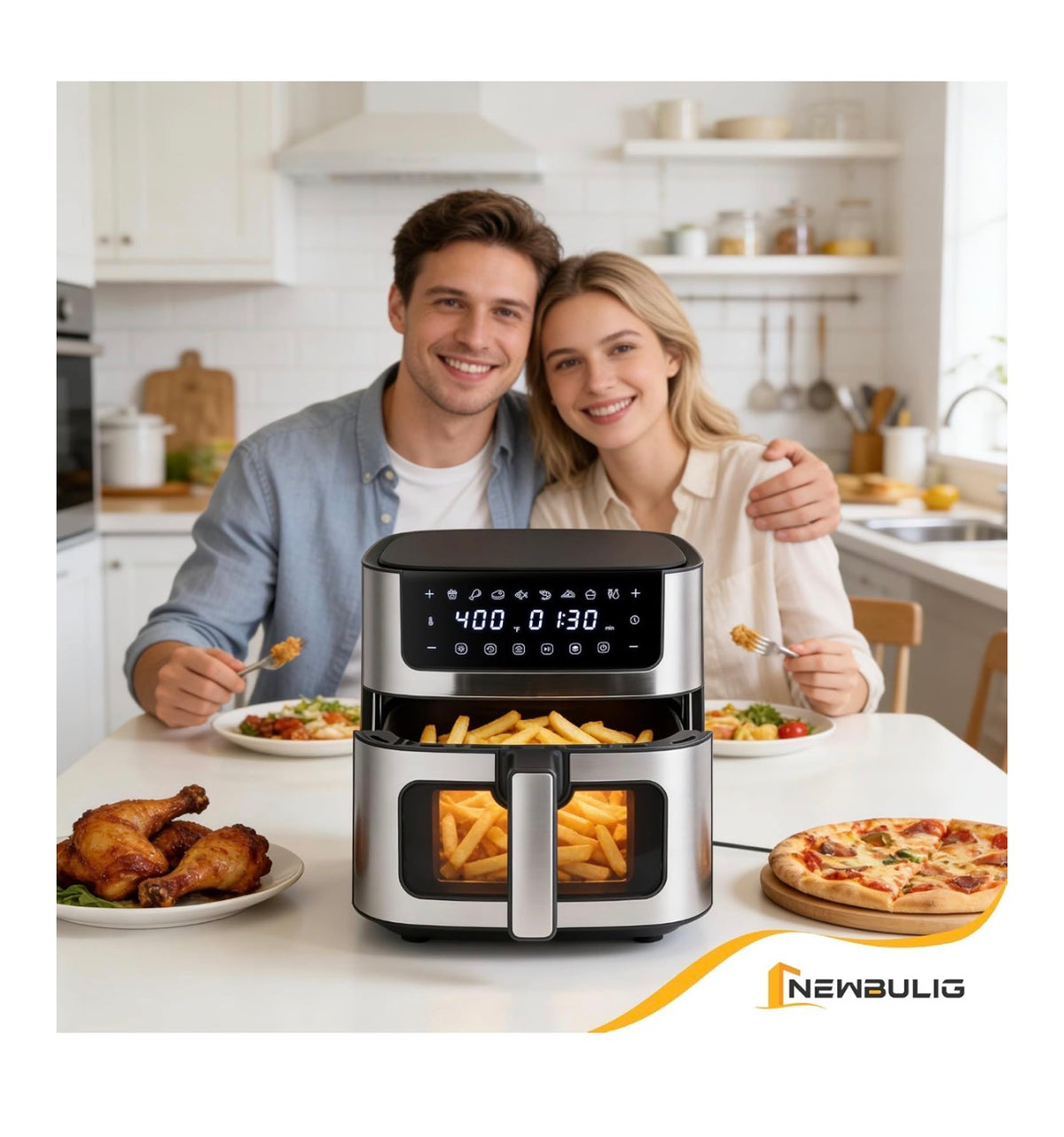 NEWBULIG Air Fryer 6.34 Qt. Air fryer with Visible Window 400 Degrees Fahrenheit Fast Heating Stainless Steel Air Fryers Oven with Nonstick and Dishwasher Safe Basket 8-in-1 Cooking Preset with Timer Auto-Off (Jet Black) (New in Box)