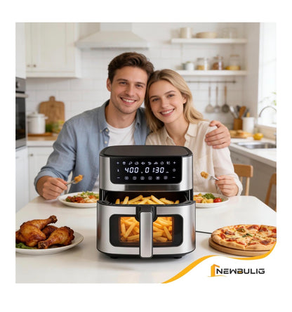 NEWBULIG Air Fryer 6.34 Qt. Air fryer with Visible Window 400 Degrees Fahrenheit Fast Heating Stainless Steel Air Fryers Oven with Nonstick and Dishwasher Safe Basket 8-in-1 Cooking Preset with Timer Auto-Off (Jet Black) (New in Box)