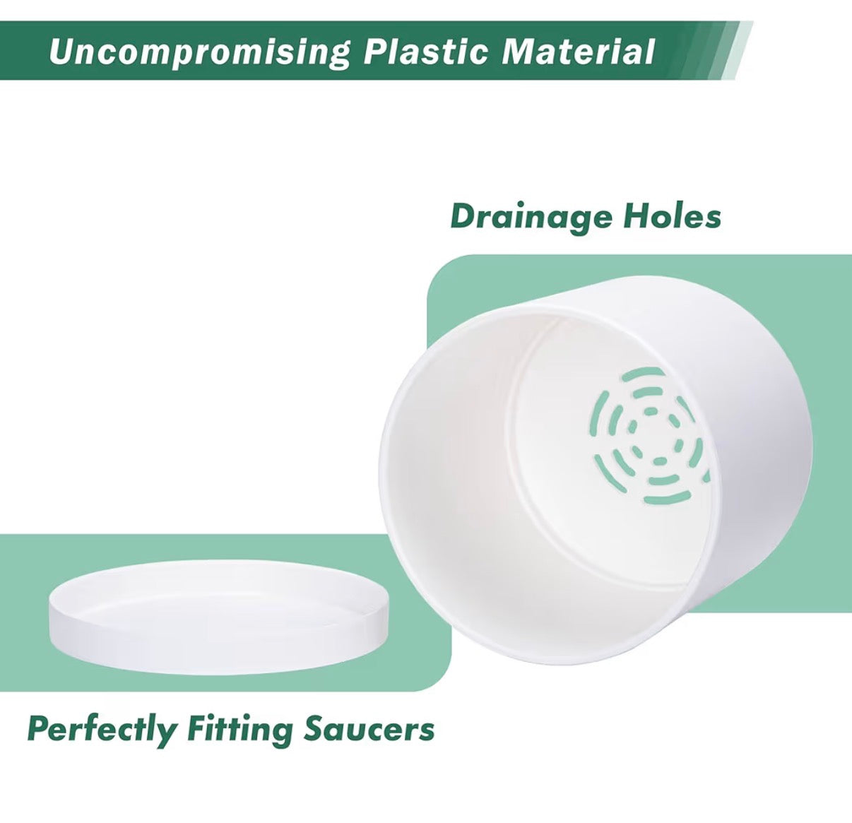 D'Vine Dev 16 Inch White Plastic Planter Pot with Drainage Hole and Seamless Saucers (New In Box)