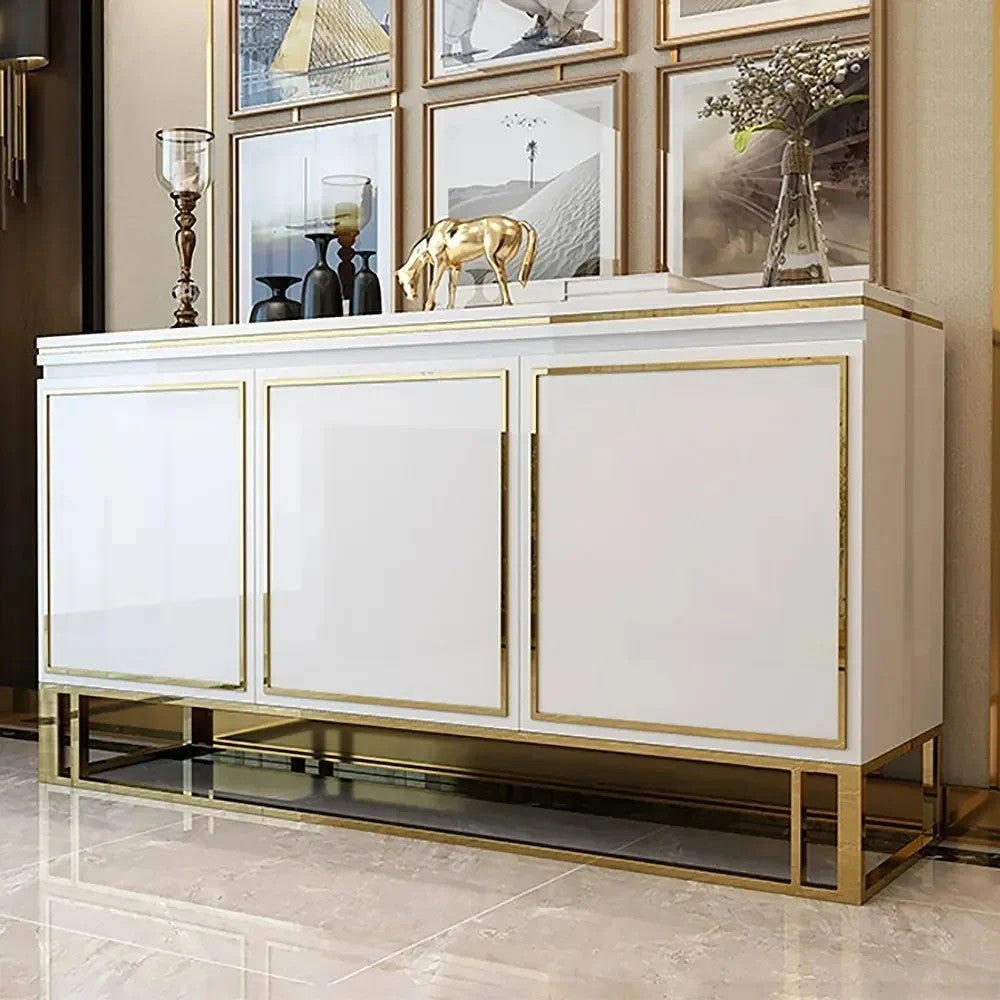 White Wood Sideboard Buffet Cabinet with Storage 3 Doors Gold Base