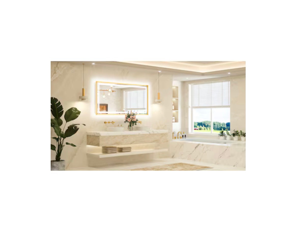 TETOTE 60 Inch X 30 Inch Brushed Gold Beveled Framed Rectangle Dimmable LED Lighted Fog Free Bathroom Vanity Mirror (New in Box)