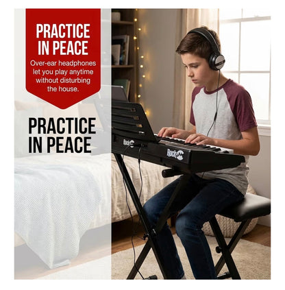 RockJam 61 Key Keyboard Piano Kit with Stand, Bench & Headphones Beginner Electric Keyboard Piano Set with Pitch Bend, LED Panel, Simply Piano Lessons and Note Stickers, All Included (New in Box)