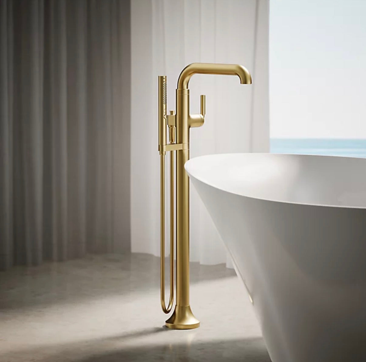 Floor Mount Bath Filler Trim with Handshower Vibrant Brushed Moderne Brass