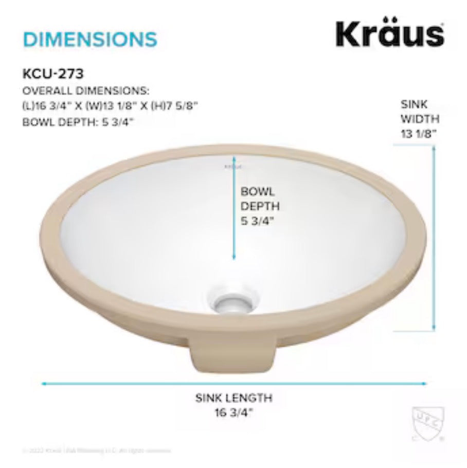 Kraus Elavo Ceramic 16.75 Inch Undermount Oval Traditional Bathroom Sink (White)