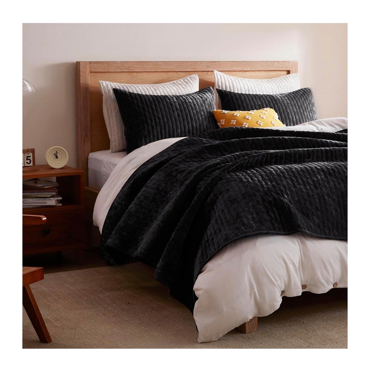Velevt Quilt California King Size 118 Inch X106 Inch, Lightweight Black Velvet Comforter Set with 2 Matching Shams, Soft Cross Stitch Bedspread Coverlet, Oversized King Bedding Set for All Season (New in Box)
