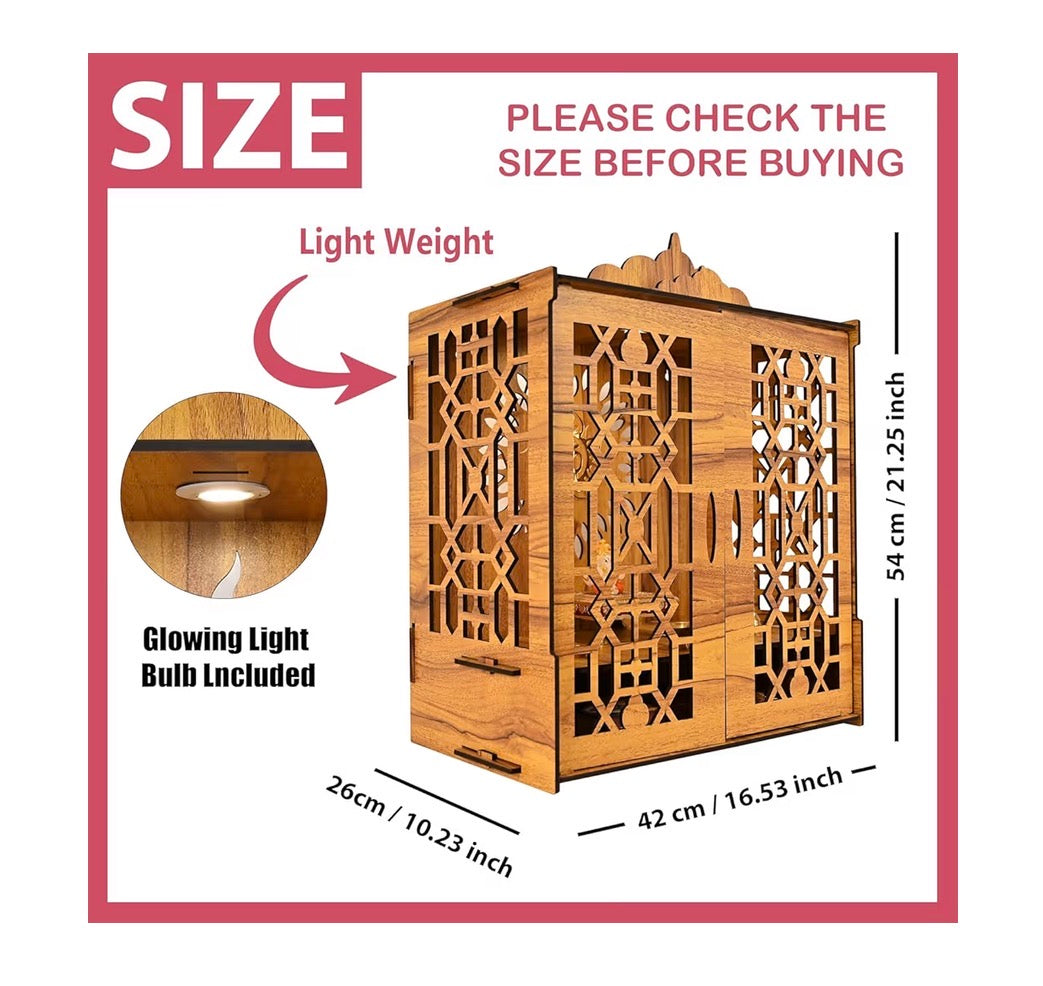 Indian Religious Wooden Temple for Poojaghar, Assembly Required, Mandir Unit with Storage Space, LED Lights and Wall Mount