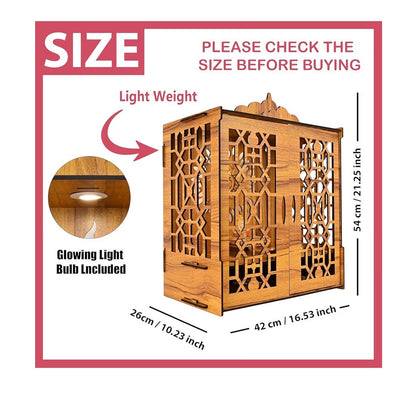 Indian Religious Wooden Temple for Poojaghar, Assembly Required, Mandir Unit with Storage Space, LED Lights and Wall Mount