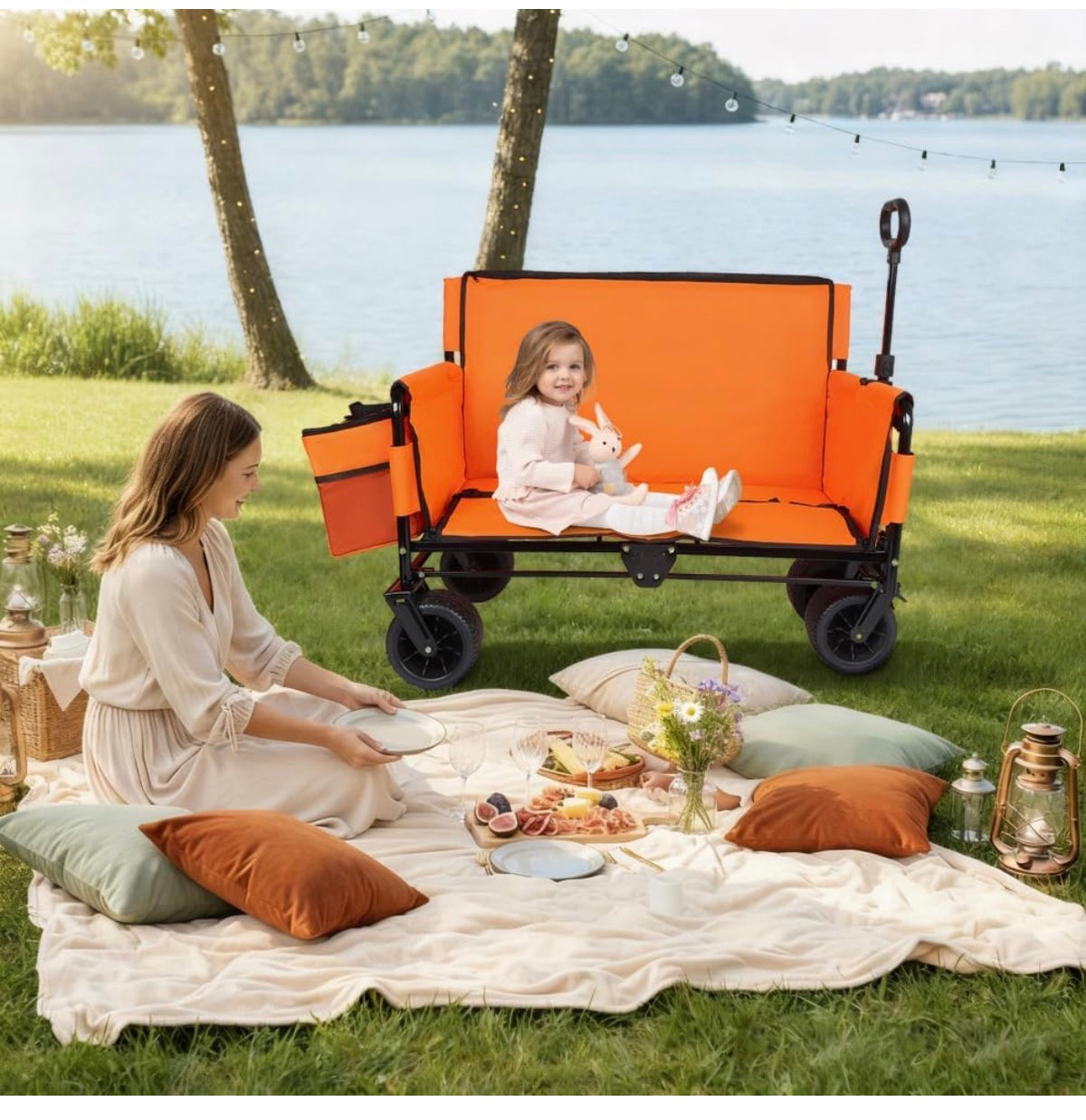 3-in-1 Folding Wagon Cart with Bench Seat, 500 lbs Capacity Heavy Duty Utility Wagon for Camping, Beach, All Terrain 180L Storage (Orange) (New in Box)