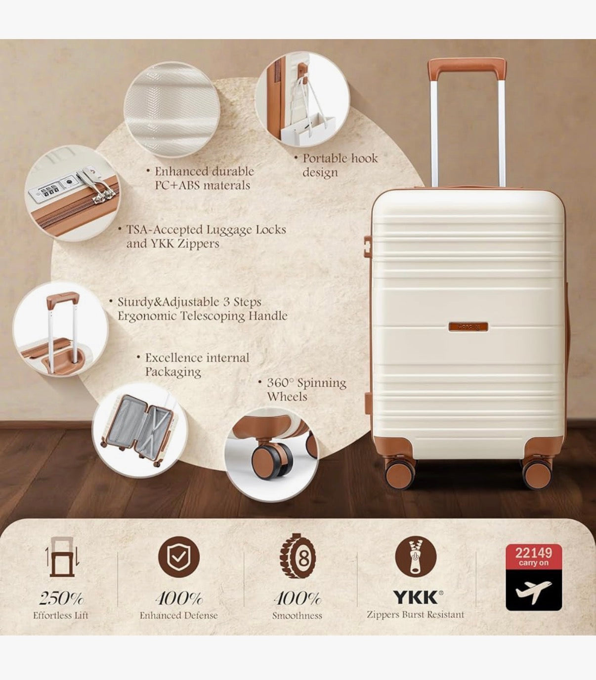 Luggage Sets with Spinner Wheels, PC + ABS Hard Shell Travel Luggage, Lightweight Carry-On Suitcases with TSA Lock, YKK Zippers (Beige) (New in Box)