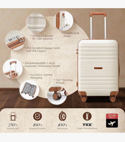Luggage Sets with Spinner Wheels, PC + ABS Hard Shell Travel Luggage, Lightweight Carry-On Suitcases with TSA Lock, YKK Zippers (Beige) (New in Box)