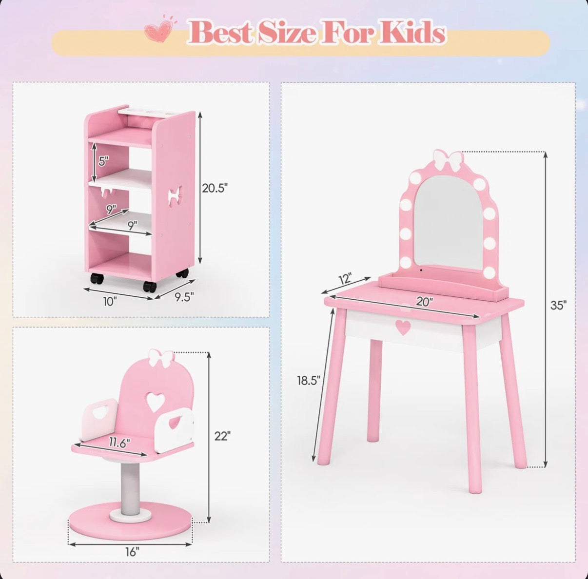 Three Piece Set Kids Vanity Set with Storage Shelf and Hair Salon Play Set (Pink) (New in Box)