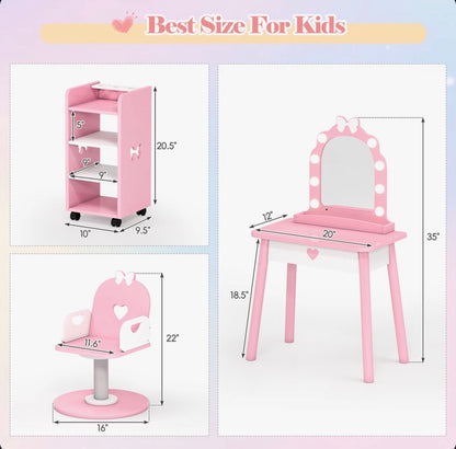 Three Piece Set Kids Vanity Set with Storage Shelf and Hair Salon Play Set (Pink) (New in Box)