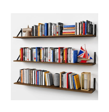 Forbena 48 Inch Floating Shelves for Wall Long Set of 3. Large Wooden Wall Bookshelf for Bedroom Books, Rustic Wood Hanging Bookshelves for Living Room Laundry Closet Kitchen Storage (Dark Brown) (New in Box)