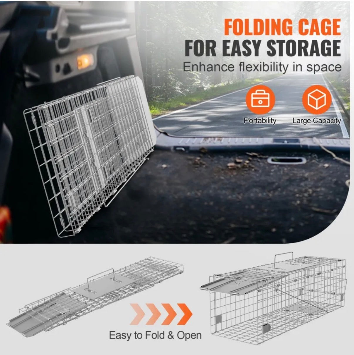 VEVOR Live Animal Cage Trap, 24" x 8" x 8" Humane Cat Trap Galvanized Iron, Folding Animal Trap with Handle for Rabbits, Stray Cats, Squirrels, Raccoons, Groundhogs and Opossums- new in box