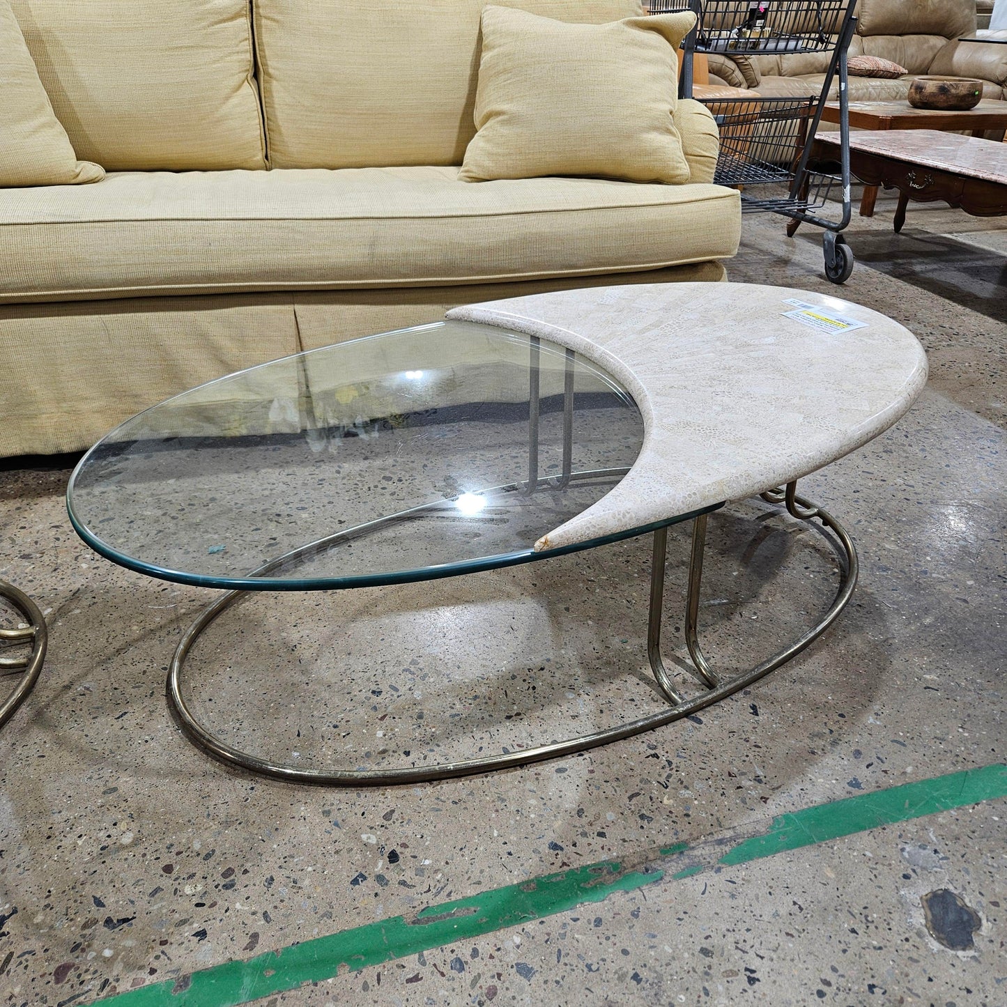 Tessellated Stone Oval Cocktail Table with Brass Base