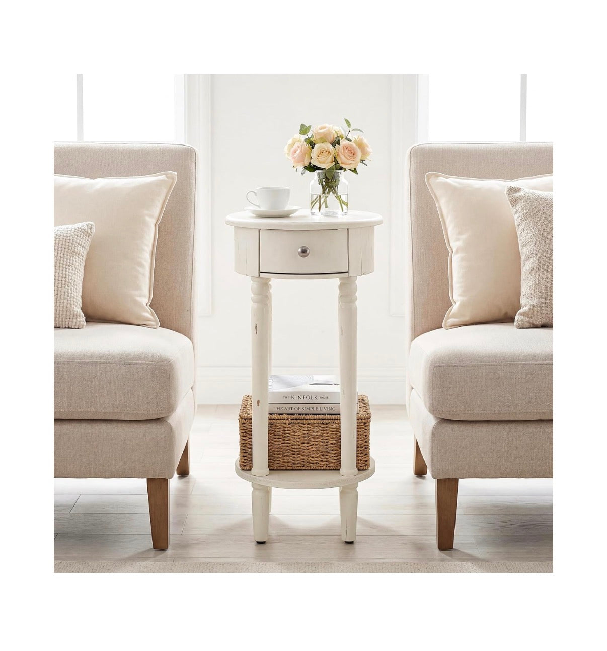 COSIEST Tall Nightstand with Drawer, Tall Side Table, 2 Tier Round End Table for Living Room, 28 Inch Accent Table for Corners (White) (New in Box)