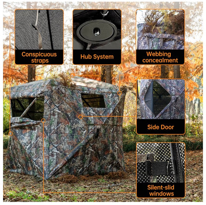 360 Degree See-Through Pop-Up Hunting Blind, 1-2 & 3-4 Person Ground Blind for Deer and Turkey with Single/Double Doors, Mud Flap and Portable Carry Bag (New in Box)