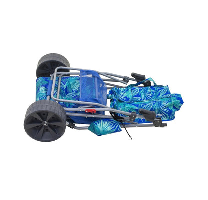 Tommy Bahana Wonder Wheeler Deluxe Folding Beach Cart Holds Up to 48 Qt. Cooler and 4 Chairs, One Handed Setup, 10 in Tread Wheels, Umbrella Holder, Removable Shoulder Tote (Blue) (New in Box)