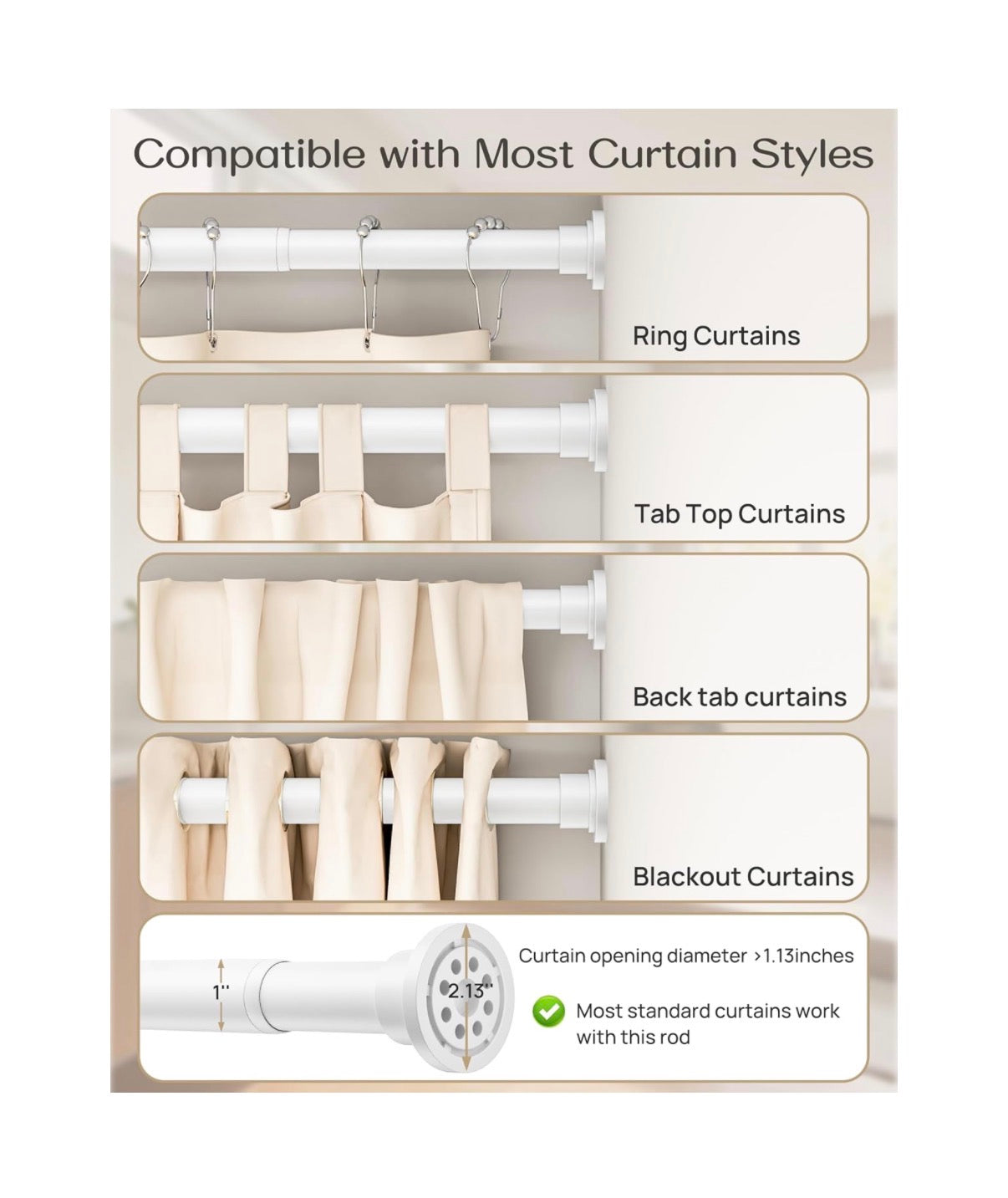 Heavy Duty Tension Curtain Rod by EZFurni, 42 to 76 Inches, Anti-Slip Spring Loaded Curtain Rods No Drilling, Apartment Renter Friendly Tension Rod for Windows, Bathroom, Closet & Doors (White) (New in Box)