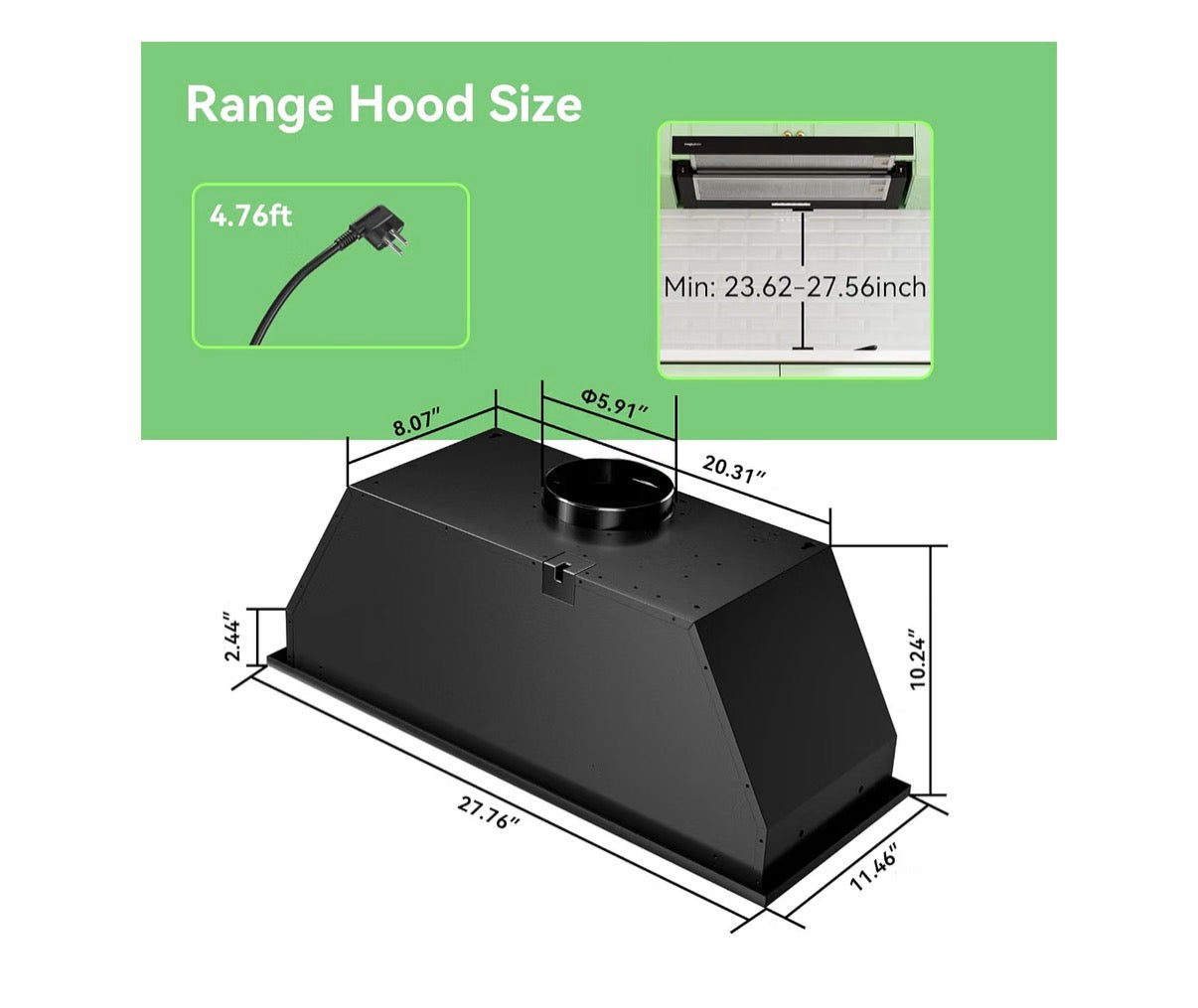 30 Inch Built in Range Hood Convertible with 600 CRM Suction (Black) (New in Box)